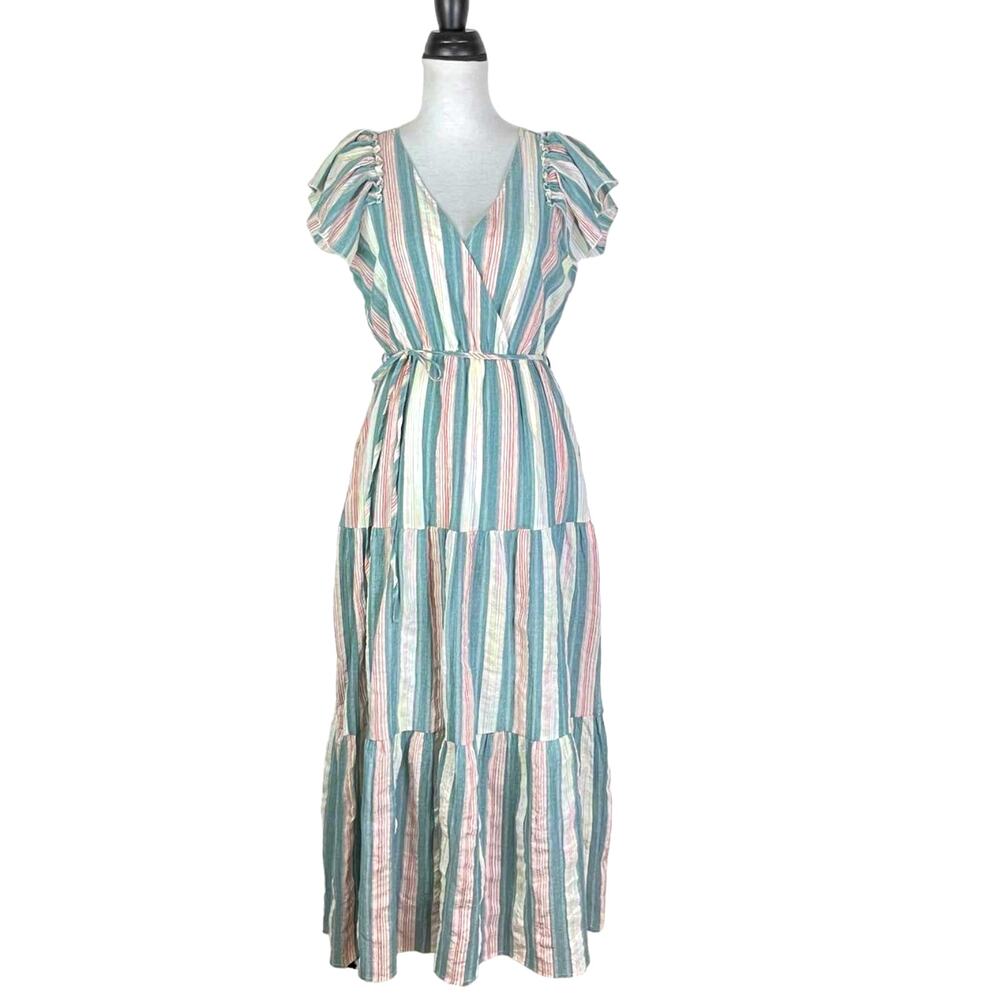 Listicle | NWT Multi Color Stripe Cotton Tiered Flutter Sleeve Maxi Dress